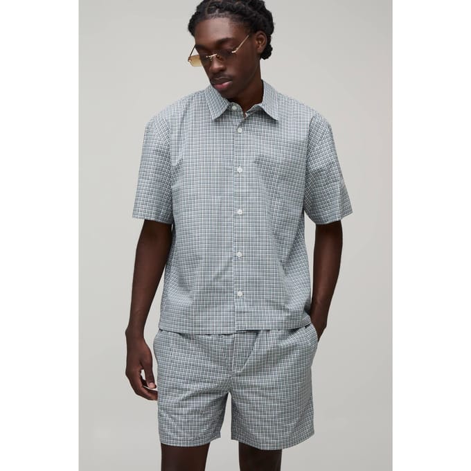 Micro Check Boxy Oversized Embroidered Shirt & Short Set | Blue | Size Medium