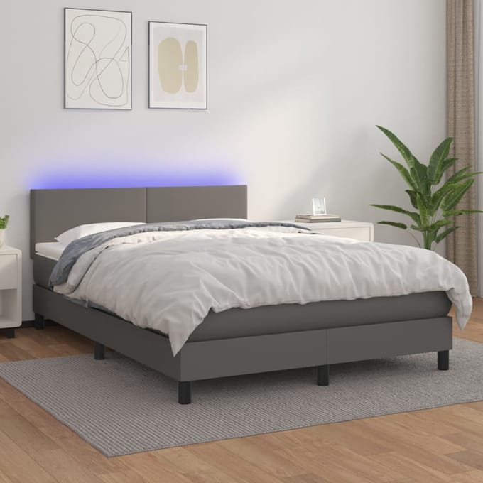 vidaXL - Boxspring - met - matras - en - LED - kunstleer - grijs - 140x190 - cm