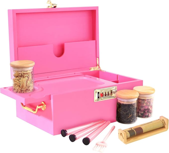 Decoratieve Bamboe Opbergbox met Combinatieslot en Glazen Potten