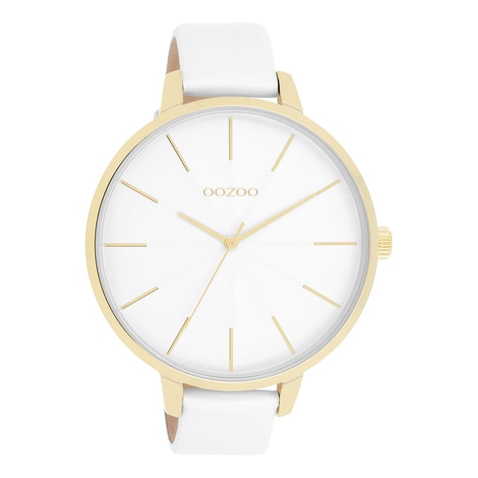 Goudkleurige OOZOO horloge met witte leren band - C11346