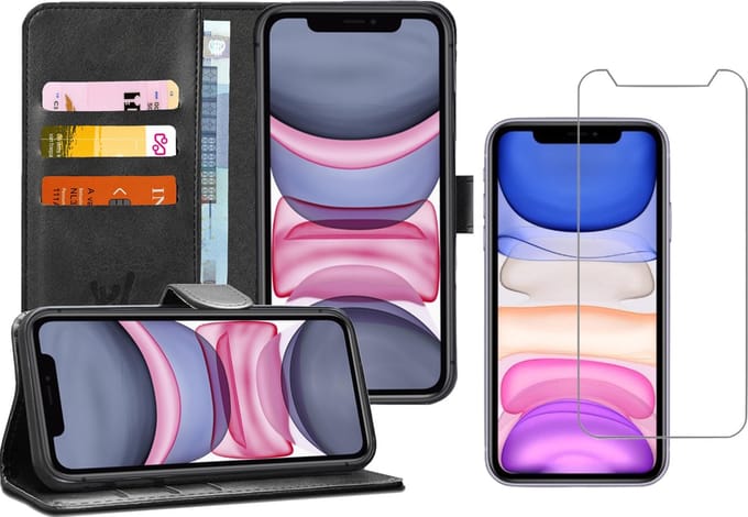 Hoesje geschikt voor iPhone 11 - Screen Protector GlassGuard - Book Case Kunstleer Pasjeshouder Zwart & Screenprotector