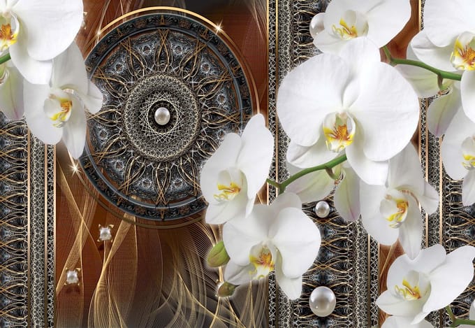Fotobehang Luxury Abstract Pattern Flowers Spheres | XL - 208cm x 146cm | 130g/m2 Vlies
