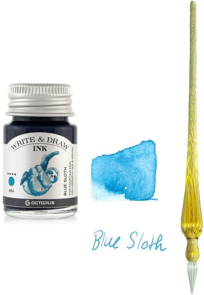 Glaspen - Glazen Dip Pen set in doosje Oranje - Potje - Octopus - Vulpen inkt - blauw-blue sloth