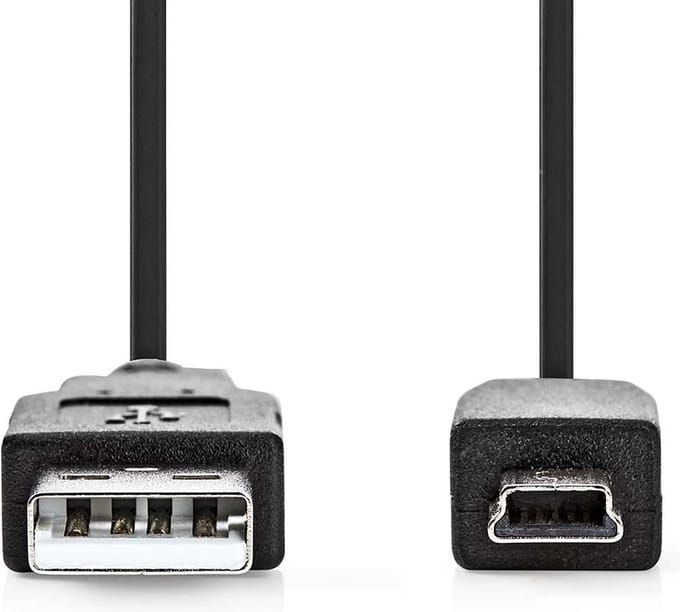 USB-Kabel - USB 2.0 - USB-A Male - USB Mini-B 5-Pins Male - 480 Mbps - Vernikkeld - 1.00 m - Rond - PVC - Zwart - Polybag