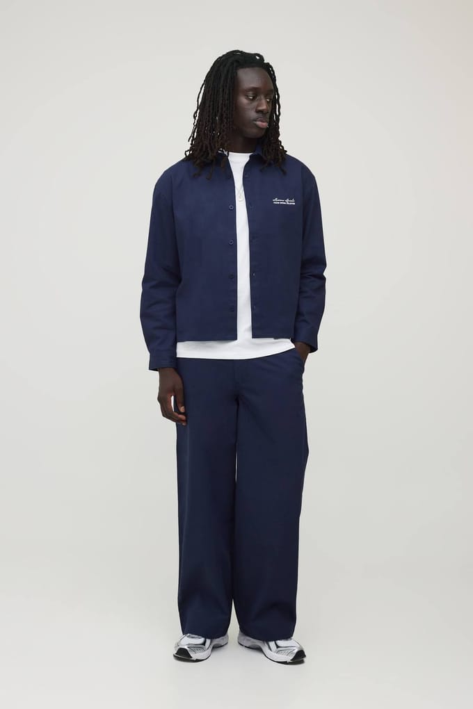 Soft Twill Embroidered Oversized Shirt & Baggy Trouser Set | Navy | Size Medium