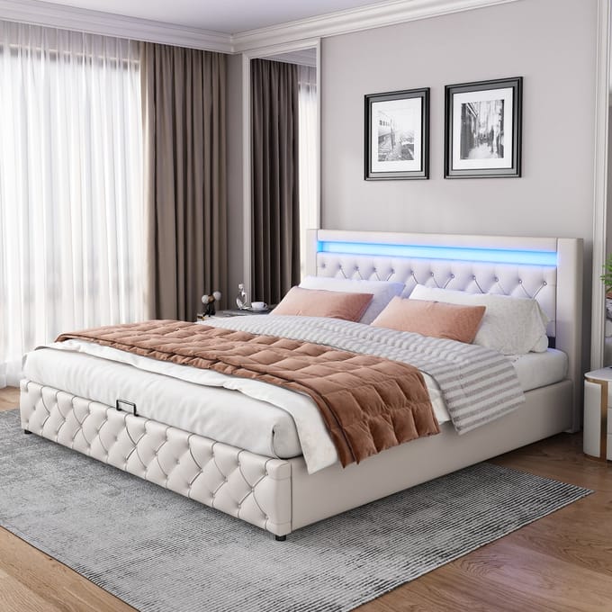 REDOM Opbergbed 180x200 cm – PU – Hydraulisch – LED-hoofdbord – Wit – 220 kg