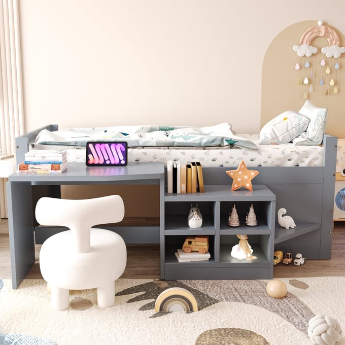 Wishdor – Kinderbed 90x200 cm – Bureau, Opbergkasten & USB – Multifunctioneel Hout Grijs