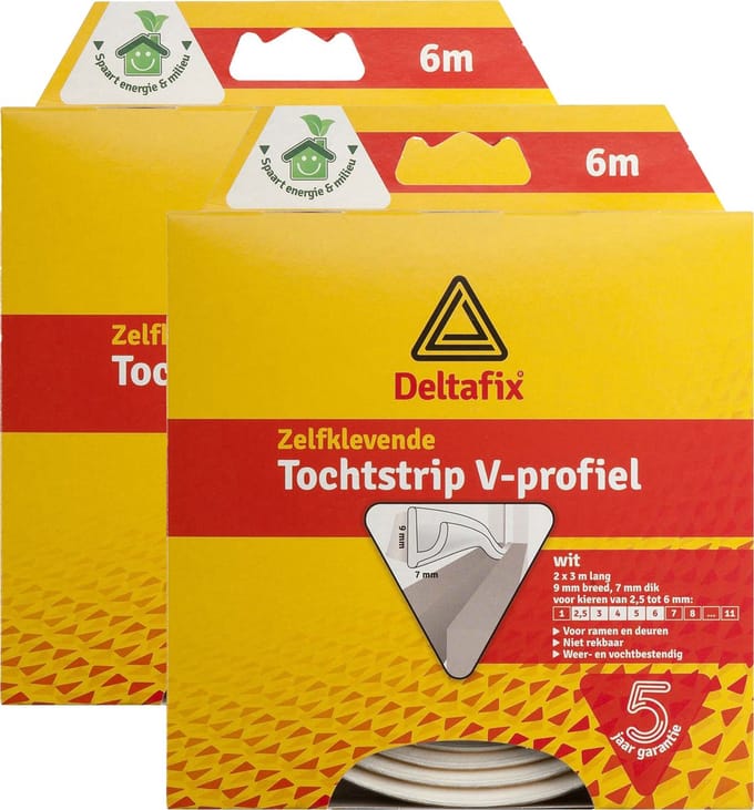 Deltafix tochtstrip - 2x - tochtwering - wit - zelfklevend - v-profiel - 6 m x 9 mm x 7 mm
