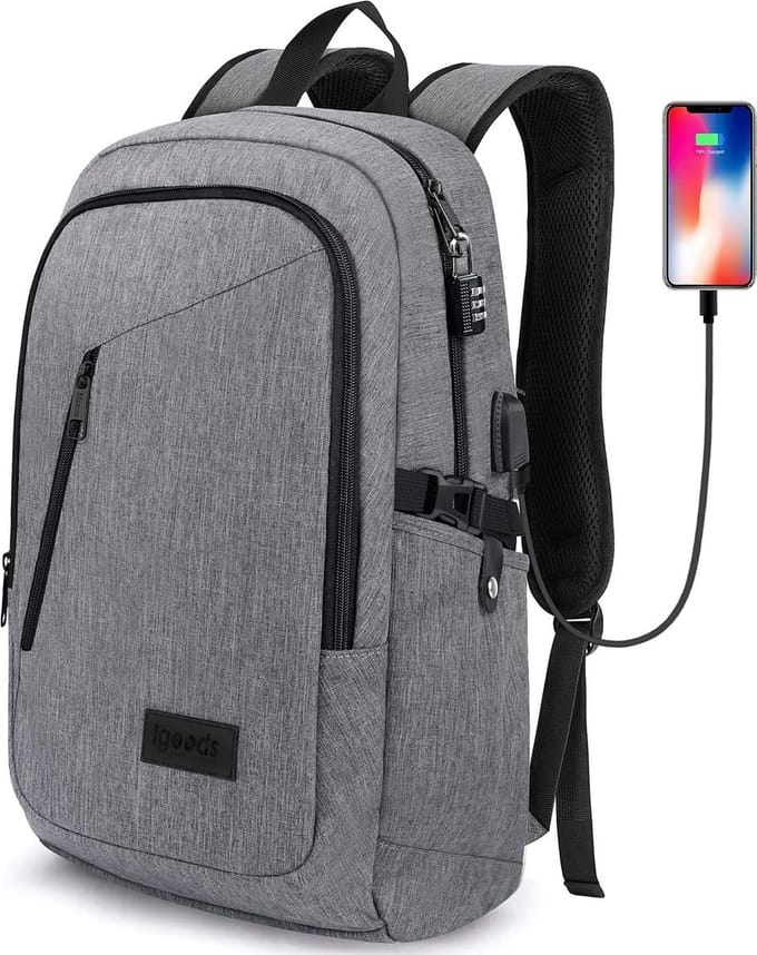 IGOODS - USB Computer Rugtas met Lader - Waterdicht - Met Slot - 15.6 inch - Grijs