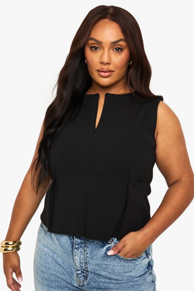 boohoo Dames Plus gestructureerde top met peplumzoom | Black | Maat: 22