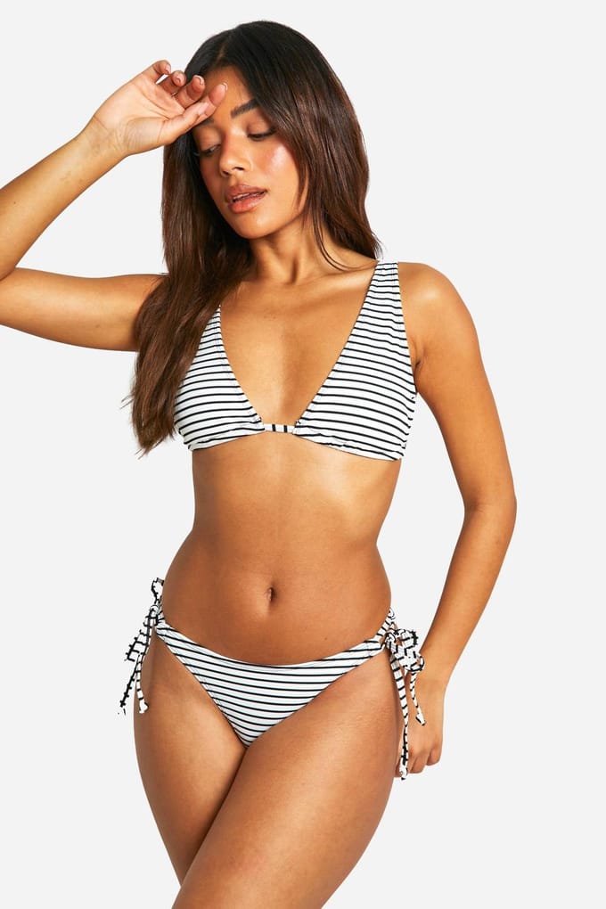 boohoo Dames Mono Streep Rib Tie Zijkant Bikini Slip | Wit | Maat: 44