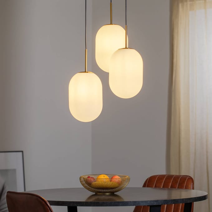 Eko-Light Hanglamp Alias, metaal goudkleurig opaalglas, 3-lamps rond