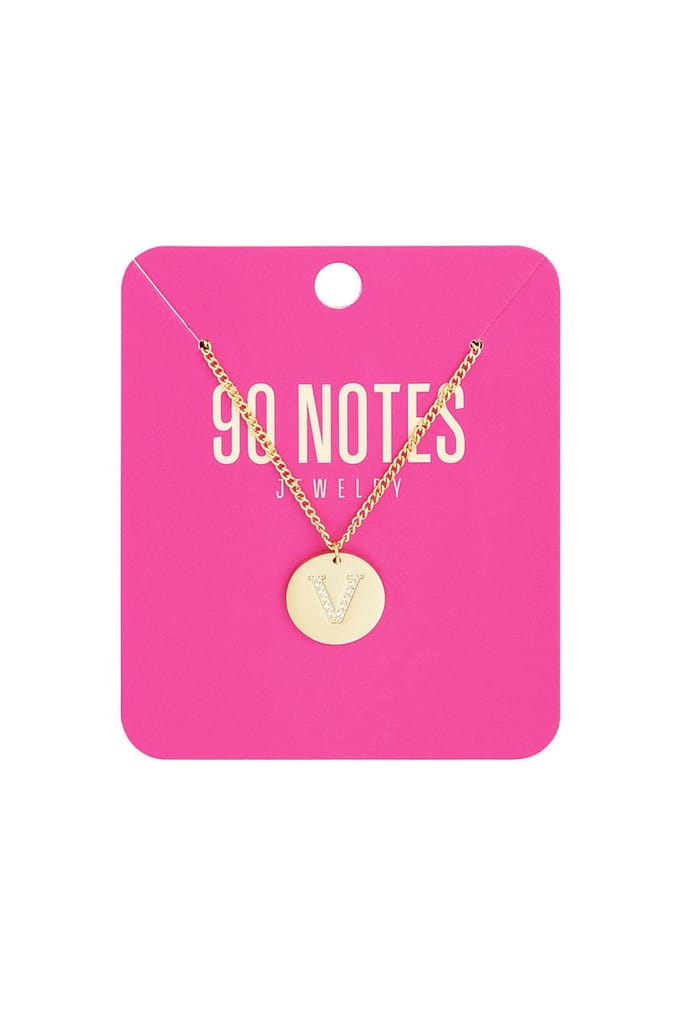 90 NOTES - Initial Strass Ketting - Letter V - goudkleurig