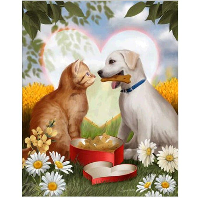 Peinture Diamant Point de Croix Chien et Chat Diamants Ronds Complets 20X30CM white