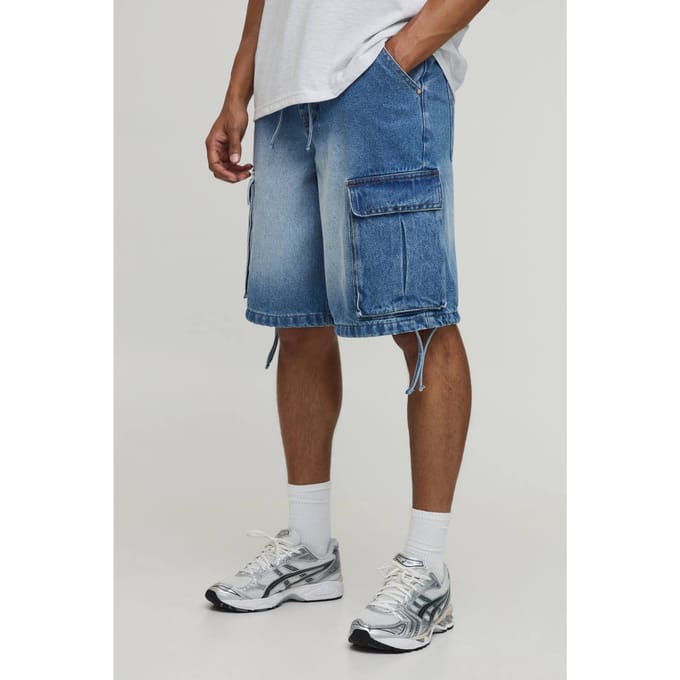 Baggy Applique Cargo Denim Shorts | Mid Blue | Size 60