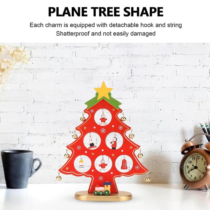 Décoration de Table Arbre de Noël en Bois Arbre de Noël de Bureau avec Mini Ornements pour Table rouge