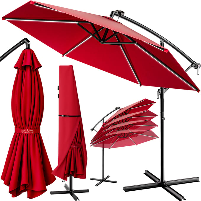 Kingsleeve Zweefparasol - Parasolvoet LED-verlichting 350cm - Rood