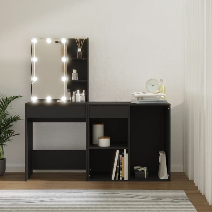 vidaXL - Kaptafel - met - kastje - LED - bewerkt - hout - zwart
