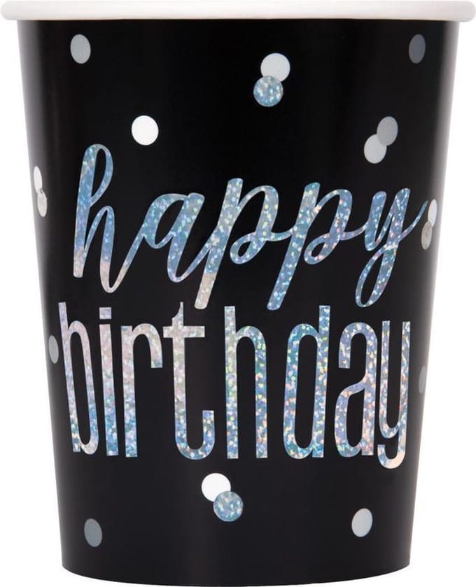 Unique Bekers Happy Birthday 25 Cl Karton Zwart/zilver 8 Stuks