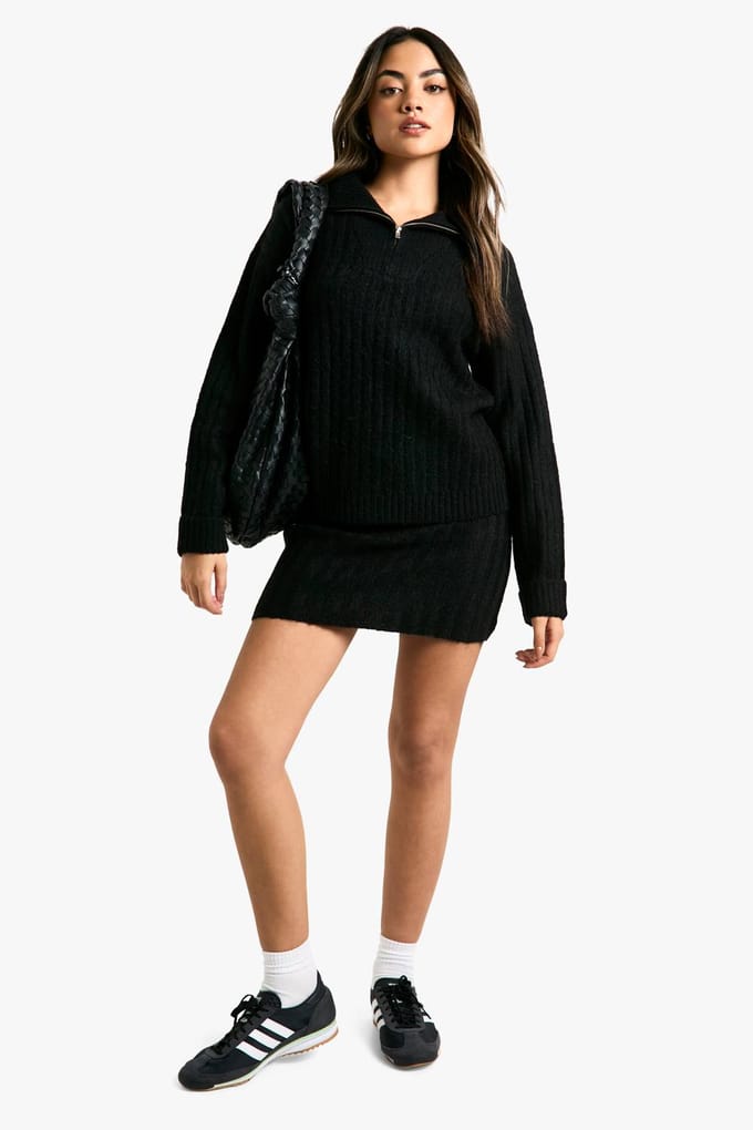 boohoo Dames Zachte gebreide dikke rib met ritssluiting en oversized jumper met mini rok set | Black | Maat: Medium
