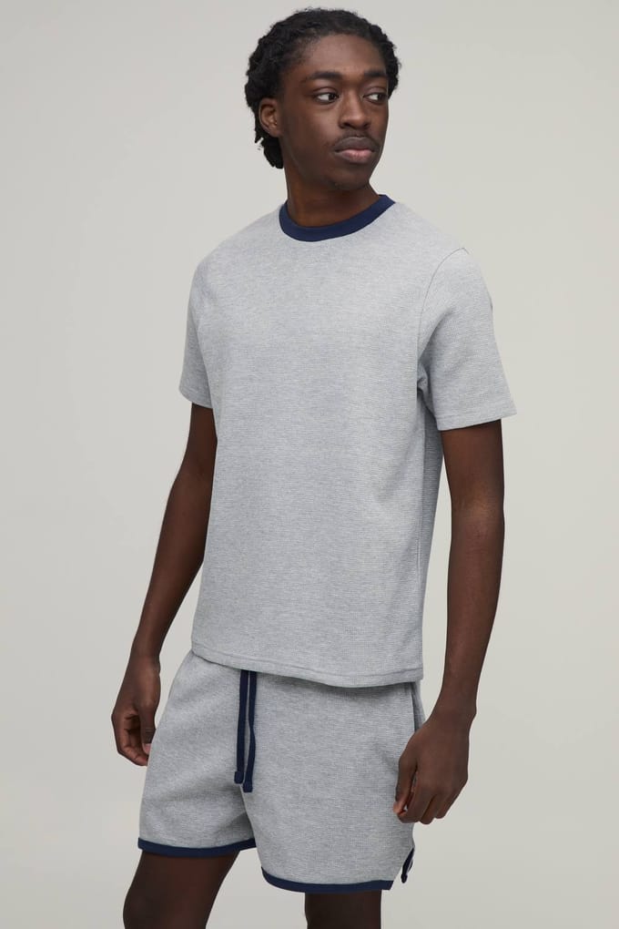 Slim Boxy Waffle Ringer T-Shirt & Racer Shorts Set | Grey Marl | Size Small