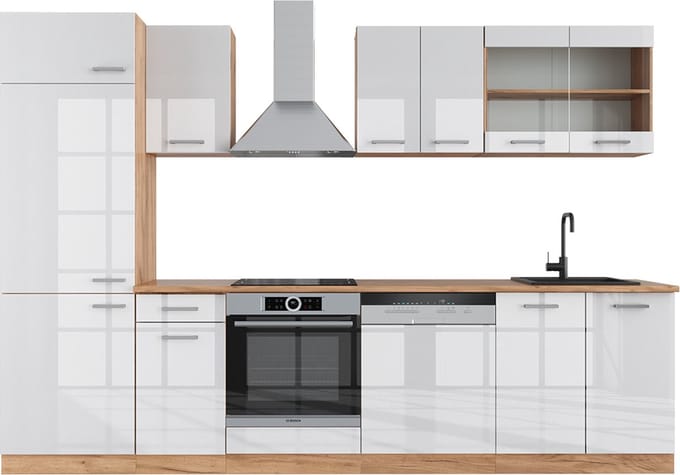 Vicco R-Line Complete keukeneenheid – 300 cm, WB Eik Wit hoogglans/goud power eiken
