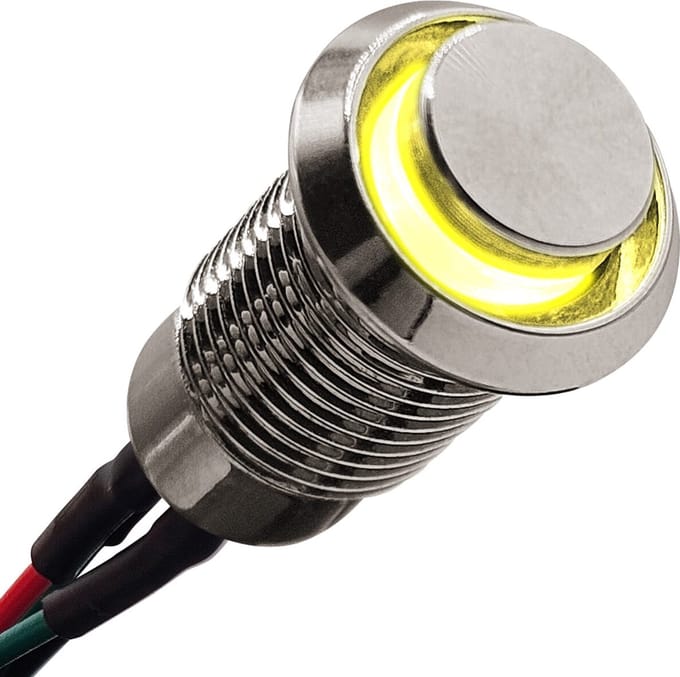 ProRide Metalen Mini Drukschakelaar 220V ON-OFF - 8mm - met Aansluitkabel - 220V - High Surface - LED Indicatie Geel