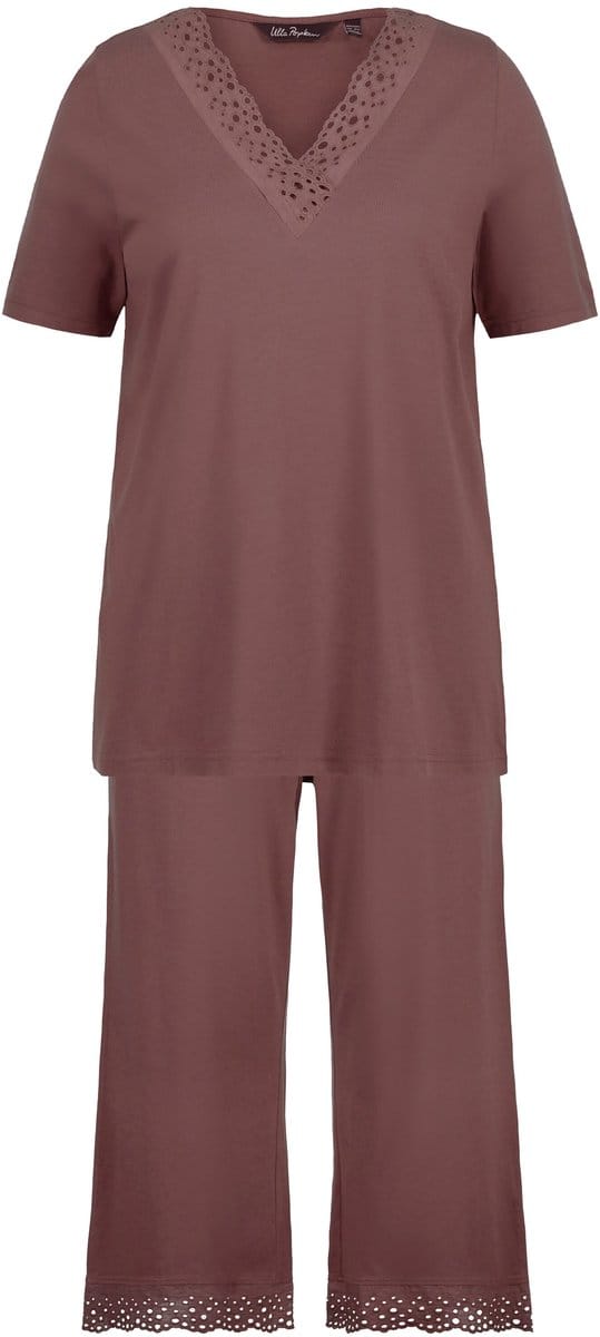 Ulla Popken - Dames - Pyjama opengewerkt borduursel korte mouw modalmix - Aarde - Maat 58+