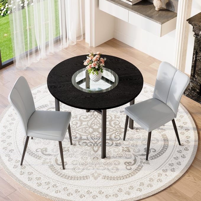 MODFU Eettafelset - Rond - Met 2 Stoelen - Minimalistisch - MDF En Glas - Zwart Lichtgrijs - 100 cm