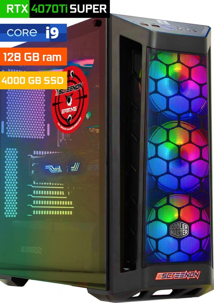 ScreenON - Game Computer / Gaming PC - Intel Core i9 - 4TB M.2 SSD - 128GB RAM - RTX 4070 Ti Super - Windows 11