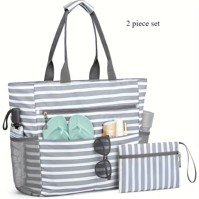 Sac de plage deux pièces, sac à main de plage, grande capacité et pliable, adapté pour les vacances à la plage gray