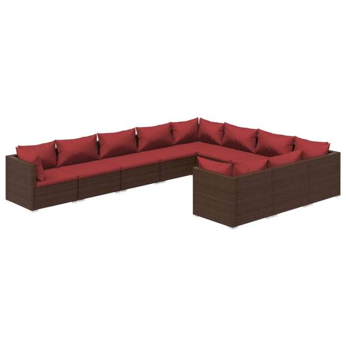 vidaXL - 10-delige - Loungeset - met - kussens - poly - rattan - bruin