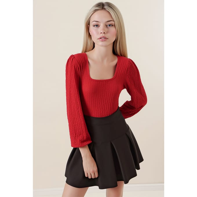 Gestructureerde Vierkante Kraag Lange Mouwen Blouse