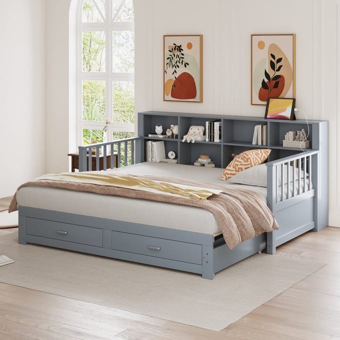 MODFU Bedframe 90x190 cm – Hout – Uitschuifbaar tot 180x190 cm – Met opbergruimte & stopcontact