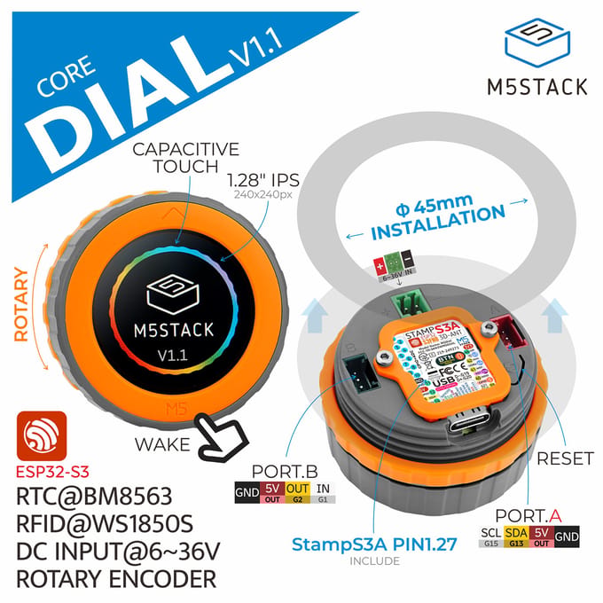 M5Stack Officail M5Dial Programmeerbare Controller M5StampS3 Rotary Development Board 1,28 inch Ronde Touchscreen Smart Home Control