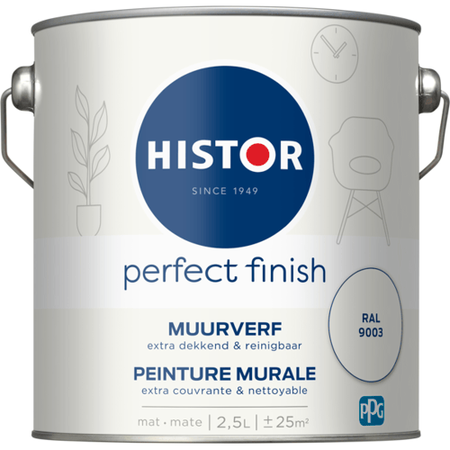 Histor Perfect Finish Muurverf Mat - Perfecte Dekking - Geurarm - 2.5L - RAL 9003 - Wit