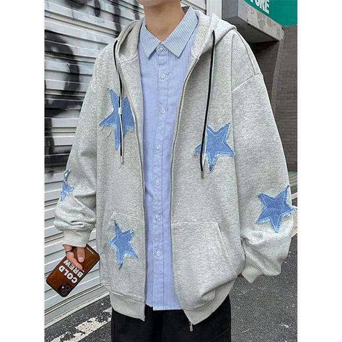 Dames Star Patch Zip Up Hoodie voor dames Oversized Y2k Sweatshirt Jack E-Girl 90s Pullover Streetwear M gray