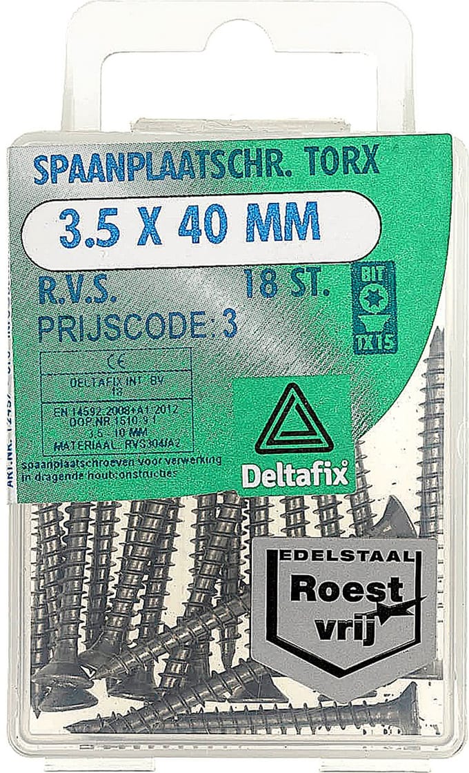 Deltafix spaanplaatschroef platkop / torx r.v.s. a2 3.5 x 40 mm 18 st.
