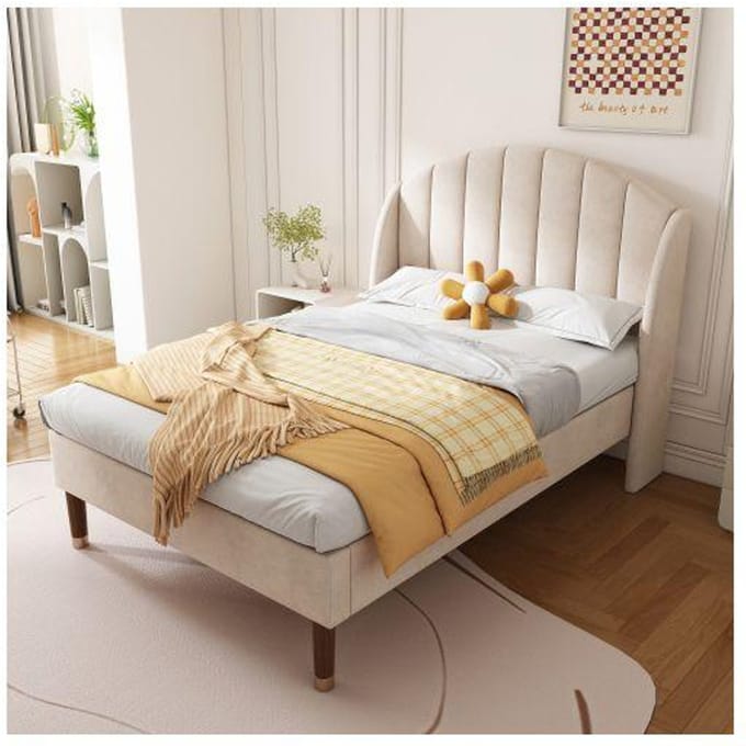 Gestoffeerd bed - MUVOE - 90x200 cm - Beige fluweel - Lattenbodem - 1-persoons beige