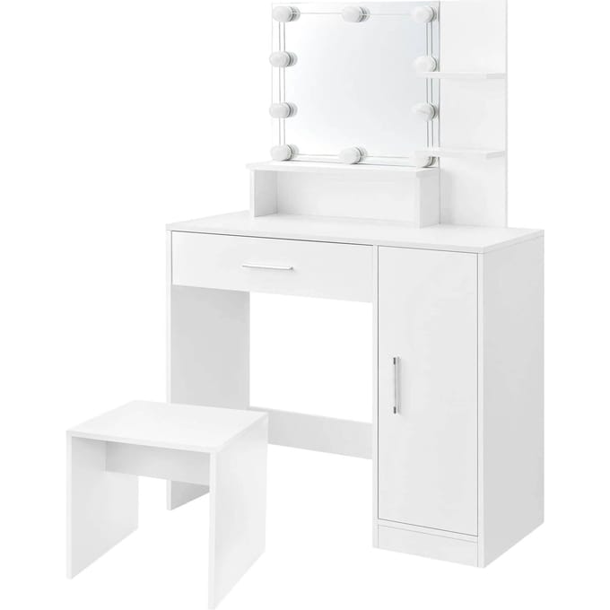 ML-Design Kaptafel Wit met Kruk, Kaptafel met LED Verlichting, Spiegel, Lade, 3 Compartimenten, Kast, 90x38x137 cm, Dames & Meisjes Cosmeticatafel, Kaptafel MDF Hout, Make-up Tafel