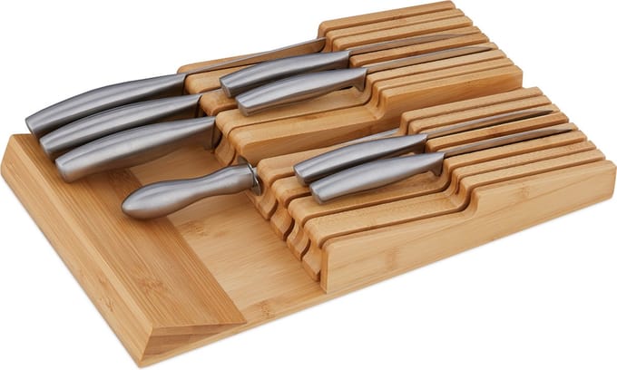 messenblok lade - voor 16 messen en wetstaal - bamboe - liggend - 5,5 x 13 x 40 cm