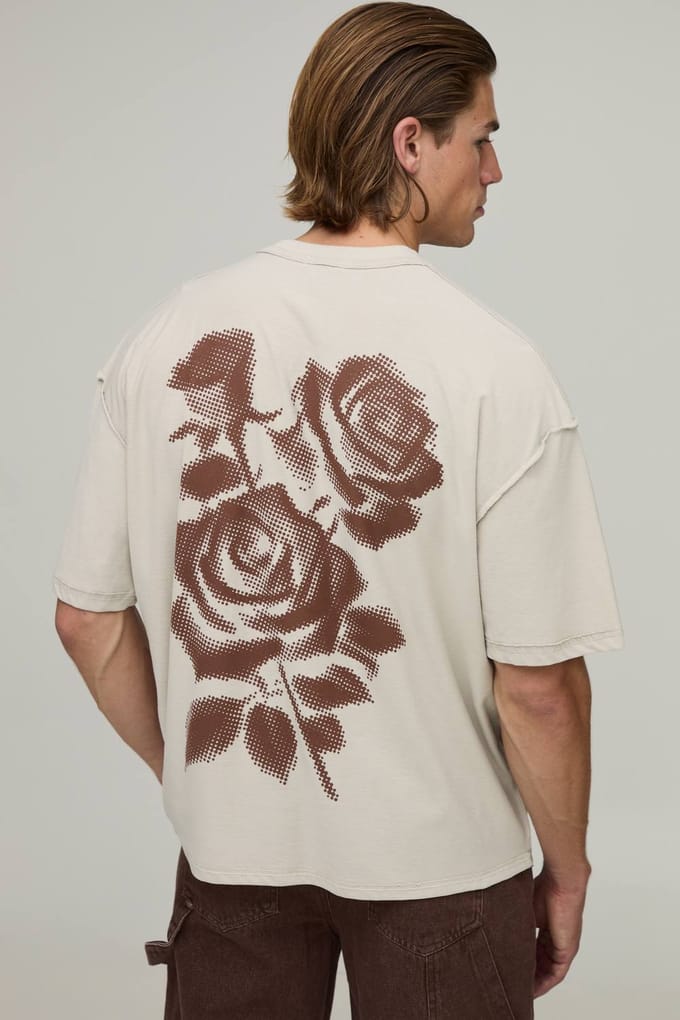Steenkleurig Oversized Boxy T-shirt Met Zichtbare Naden En Gestippelde Bloemenprint | Stone | Size Large
