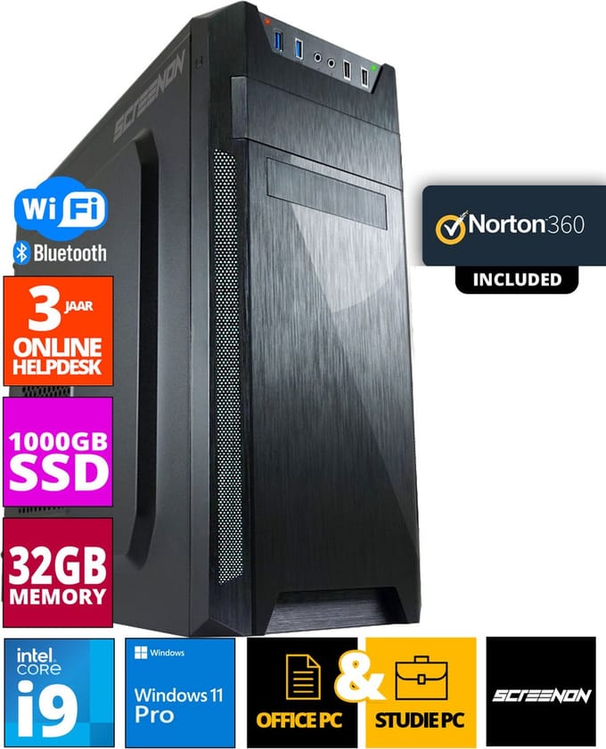 ScreenON - Allround Office PC - Intel Core i9 - 1TB M.2 SSD - 32GB RAM - RTX 3050 - Inclusief Norton 360 + WiFi & Bluetooth