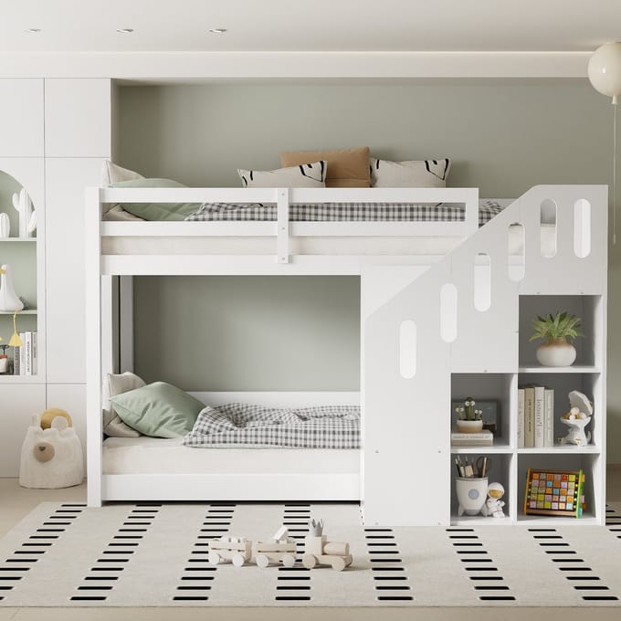 Stapelbed - 90x200 cm - Multifunctioneel met Trap en Kastjes - Stabiele Omheining - Wit