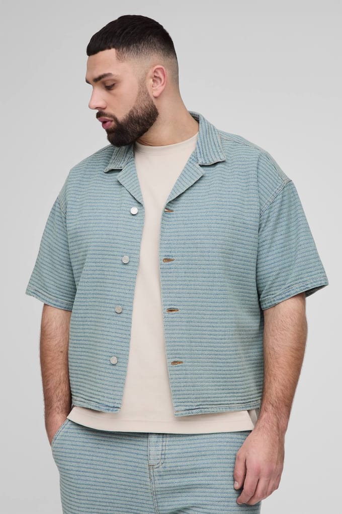 Plus Jacquard Denim Boxy Oversized Revere Shirt | Light Wash | Size 2XL