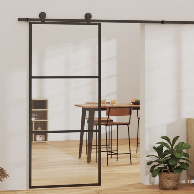 vidaXL - Schuifdeur - met - beslag - 90x205 - cm - aluminium - en - ESG-glas