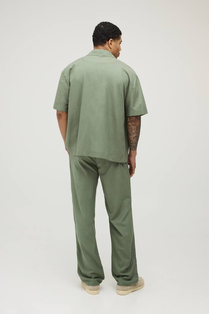 Vakantie Linnen Blend Oversized Shirt & Relaxed Broek Set | Olive | Size Small