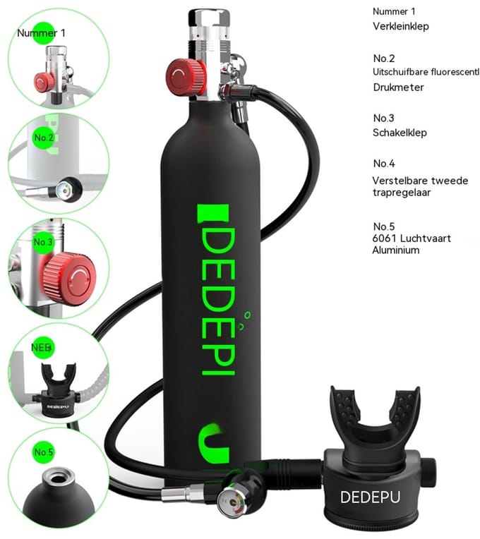 DEDEPU Mini Duikfles 1L 200 Bar/3000 PSI, Draagbare Duiktank met Manometer, 20 Min, 6061 Aluminium