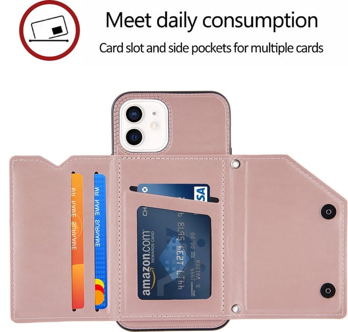 BukkitBow - Geschikt voor Apple iPhone 12 / iPhone 12 Pro - Hoesje met Pasjeshouder - Bookcase met Koord - Kunstleer - Roségoud