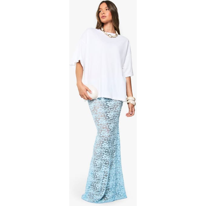 boohoo Dames Kanten Maxi Kolomrok | Light Blue | Maat: 12
